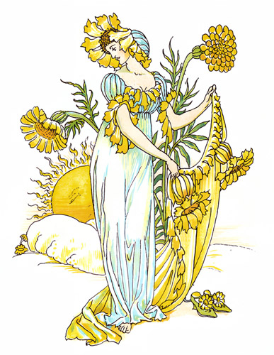 The marigold, that goes to bed wi’ the sun, And with him rises weeping;  (The Winter’s Tale) [Walter Crane,  from Flowers from Shakespeare’s Garden]