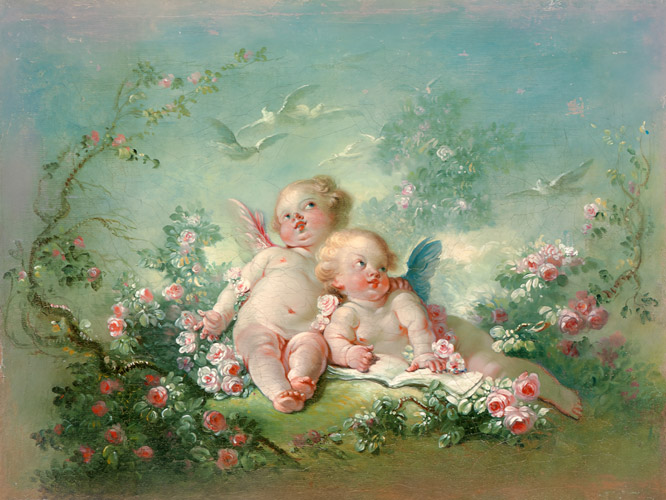 二人のキューピッド（春） [ジャン・オノレ・フラゴナール, 1772年, ブーシェ・フラゴナール展より] パブリックドメイン画像 