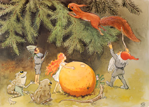 Plate 7 (A Squirrel Chewing on a Big Eggshell and Jumping on a Tree) [Elsa Beskow,  from The Sun Egg] Thumbnail Images