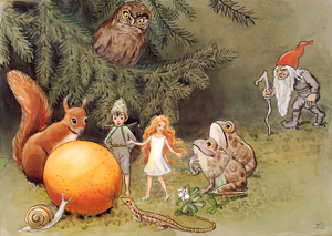 挿絵6 (おひさまの卵の周りに集まる妖精と動物たち） [エルサ・ベスコフ, おひさまのたまごより]のサムネイル画像