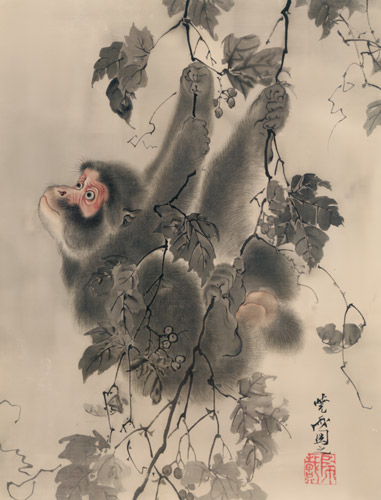 ぶらさがる猿図 [河鍋暁斎, 1888年, 画鬼・暁斎より] パブリックドメイン画像 