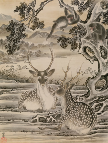 鹿に猿図 [河鍋暁斎, 1888年, 画鬼・暁斎より] パブリックドメイン画像 
