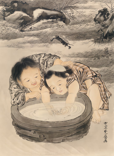 金魚と遊ぶ小童図 [河鍋暁斎, 1888年, 画鬼・暁斎より] パブリックドメイン画像 