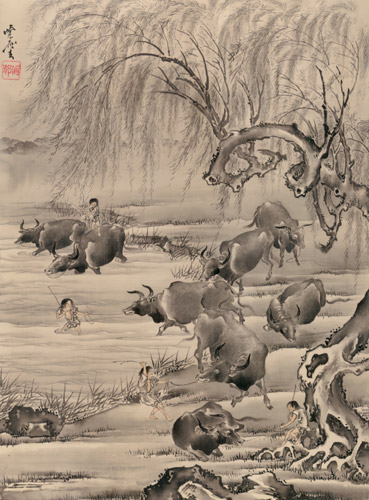 牛と牧童図 [河鍋暁斎, 1888年, 画鬼・暁斎より] パブリックドメイン画像 