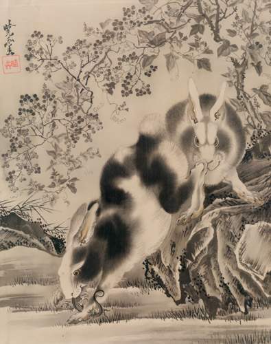 Lizard and Rabbits [Kyōsai Kawanabe, 1888, from Kyosai: master painter and his student Josiah Coder]