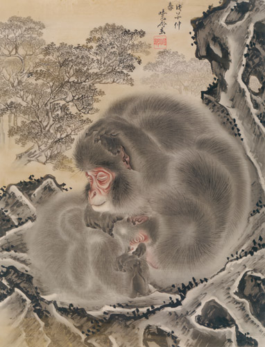 うずくまる猿図 [河鍋暁斎, 1888年, 画鬼・暁斎より] パブリックドメイン画像 