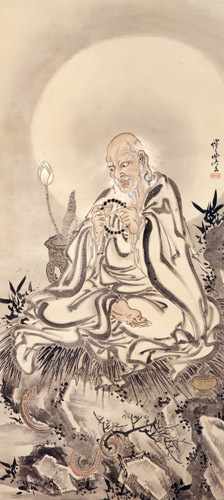 An Arhat with a Rosary, Seated on a Rock with a Snake Below [Kyōsai Kawanabe, 1886, from Kyosai: master painter and his student Josiah Coder]