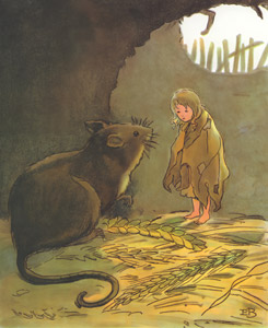 挿絵8 (野ネズミに穀物の粒を恵んでくれないか頼むおやゆびひめ） [エルサ・ベスコフ, おやゆびひめより]のサムネイル画像