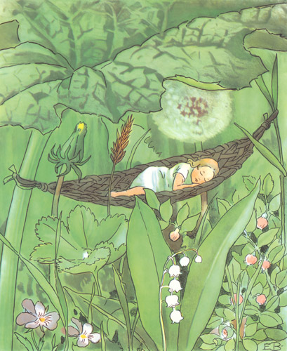 挿絵7 (草の茎で作ったハンモックで眠るおやゆびひめ） [エルサ・ベスコフ, おやゆびひめより] パブリックドメイン画像 