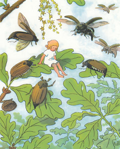 Plate 6 (Scarab Beetles Coming ｔo See Thumbelina) [Elsa Beskow,  from Thumbelina] Thumbnail Images