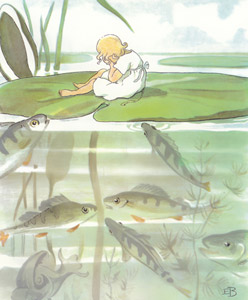 挿絵5 (泣いているおやゆびひめと集まる小さな魚たち） [エルサ・ベスコフ, おやゆびひめより]のサムネイル画像