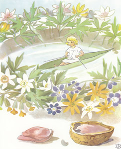 Plate 3 (Thumbelina on a Leaf Boat) [Elsa Beskow,  from Thumbelina] Thumbnail Images