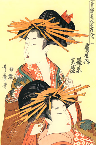 A Pair of Beauties at Gay Quarters – Shinohara and Masagi of Tsuruya  [Utamaro Kitagawa,  from Utamaro – Ukiyo-e Meisaku Senshū II]