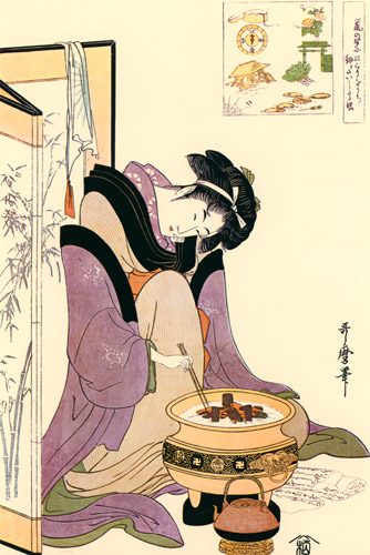 Okita of Naniwaya, before a Brazier [Utamaro Kitagawa,  from Utamaro – Ukiyo-e Meisaku Senshū II]