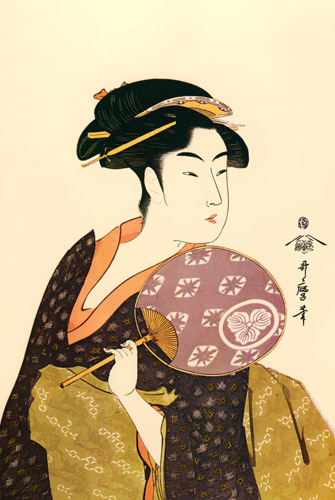 Ohisa of Takashimaya, Fan in Hand [Utamaro Kitagawa,  from Utamaro – Ukiyo-e Meisaku Senshū II]