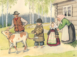 Plate 12 (Peter and Lotta Follow the Man to the Market to Sell a Calf) [Elsa Beskow,  from Peter and Lotta’s Adventure] Thumbnail Images