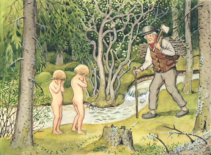 Plate 11 (A Lumberjack Man Meets Peter and Lotta Crying After their Clothes are Stolen) [Elsa Beskow,  from Peter and Lotta’s Adventure]