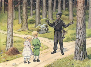 Plate 9 (Peter and Lotta Meet a Chimney Sweep in the Forest) [Elsa Beskow,  from Peter and Lotta’s Adventure] Thumbnail Images