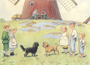 挿絵8 (風車小屋で子供と犬に出会うペッテルとロッタと犬のプリック） [エルサ・ベスコフ, ペッテルとロッタのぼうけんより]のサムネイル画像