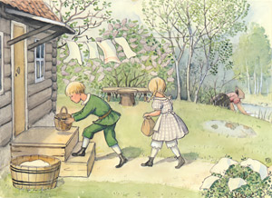 Plate 5 (Peter and Lotta Placing aKitten in Front of a Woman’s House) [Elsa Beskow,  from Peter and Lotta’s Adventure] Thumbnail Images