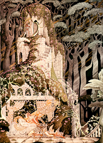めっけ鳥（薔薇の茨の森に包まれて眠る姫と王子） [カイ・ニールセン, Kay Nielsenより] パブリックドメイン画像 