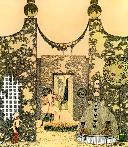 ロザニー姫と浮気な王子様 2（庭園で鬼ごっとしているミラフロウ王子と宮廷の女たちとキューピッド） [カイ・ニールセン, Kay Nielsenより] パブリックドメイン画像 
