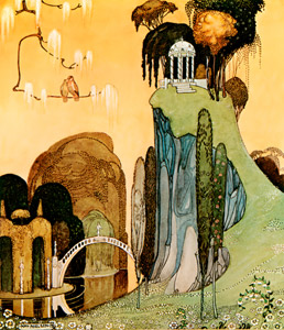 List, ah, list to the zephyr in the grove! Where beneath the happy boughs Flora builds her summerhouse: Whist! Ah, whist! While the cushat tells his love. (Felicia or The Pot of Pinks ) [Kay Nielsen,  from Kay Nielsen (Peacock Press)] Thumbnail Images