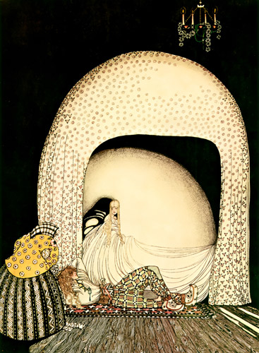And this time she whisked off the wig; and there lay the lad, so lovely, and white and red, just as the Princess had seen him in the morning sun (The Widow’s Son) [Kay Nielsen,  from Kay Nielsen (Peacock Press)]
