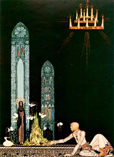 “On that island stands a church; in that church is a well; in that well swims a duck.” (The Giant Who Had No Heart in His Body) [Kay Nielsen,  from Kay Nielsen (Peacock Press)]