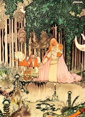 He too saw the image in the water; but he looked up at once, and became aware of the lovely Lassie who sat there up in the tree (The Lassie and Her Godmother) [Kay Nielsen,  from Kay Nielsen (Peacock Press)]