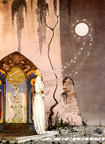 She could not help setting the door a little ajar, just to peep in, when – Pop! out flew the Moon (The Lassie and Her Godmother) [Kay Nielsen,  from Kay Nielsen (Peacock Press)]