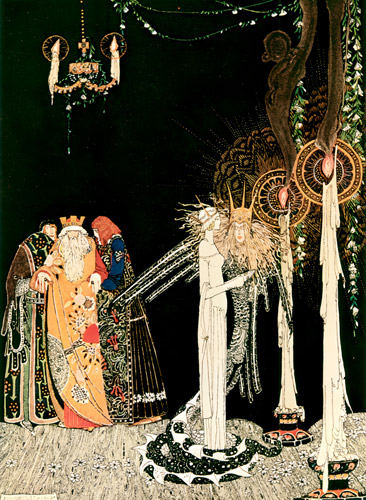 She saw the Lindworm for the first time as he came in and stood by her side (Prince Lindworm) [Kay Nielsen,  from Kay Nielsen (Peacock Press)]