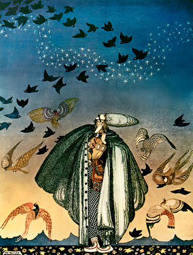 No sooner had he whistled than he heard a whizzing and a whirring from all quarters, and such a large flock of birds swept down that they blackened all the field in which they settled (The Three Princesses in the Blue Mountain) [Kay Nielsen,  from Kay Nielsen (Peacock Press)]