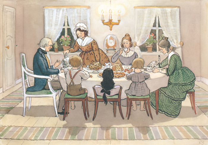 挿絵14（テーブルを囲むあおおじさんと三人のおばさんとペッテルとロッタと犬のブリック） [エルサ・ベスコフ, みどりおばさん、ちゃいろおばさん、むらさきおばさんより] パブリックドメイン画像 