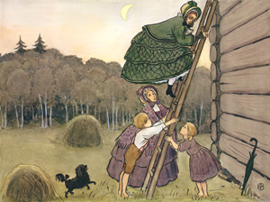 挿絵13（梯子支えるむらさきおばさんとペッテルとロッタと子猫を抱いて梯子を下りるみどりおばさん） [エルサ・ベスコフ, みどりおばさん、ちゃいろおばさん、むらさきおばさんより]のサムネイル画像
