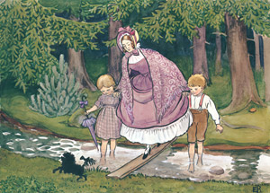 挿絵12（ペッテルとロッタの肩をかりて木の板を渡るむらさきおばさん） [エルサ・ベスコフ, みどりおばさん、ちゃいろおばさん、むらさきおばさんより]のサムネイル画像
