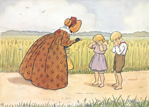 挿絵9（泣いている子供に出会うちゃいろおばさん） [エルサ・ベスコフ, みどりおばさん、ちゃいろおばさん、むらさきおばさんより]のサムネイル画像