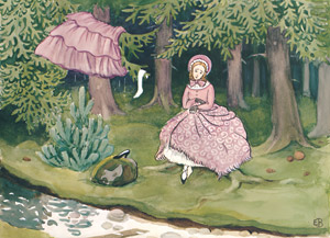 挿絵8（濡れたスカートと靴を乾かすむらさきおばさん） [エルサ・ベスコフ, みどりおばさん、ちゃいろおばさん、むらさきおばさんより]のサムネイル画像