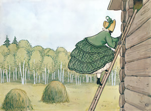 挿絵7（梯子を上るみどりおばさん） [エルサ・ベスコフ, みどりおばさん、ちゃいろおばさん、むらさきおばさんより]のサムネイル画像