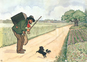 挿絵6（犬のブリックを杖で追い払おうとする辻芸人） [エルサ・ベスコフ, みどりおばさん、ちゃいろおばさん、むらさきおばさんより]のサムネイル画像