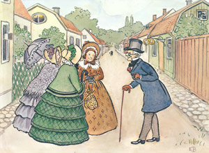 挿絵5（立ち話をする3人のおばさんとあおおじさん） [エルサ・ベスコフ, みどりおばさん、ちゃいろおばさん、むらさきおばさんより]のサムネイル画像