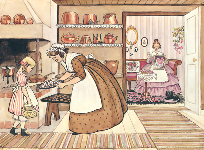 挿絵4（お菓子を作っているちゃいろおばさんと刺繍をしているむらさきおばさん） [エルサ・ベスコフ, みどりおばさん、ちゃいろおばさん、むらさきおばさんより] パブリックドメイン画像 