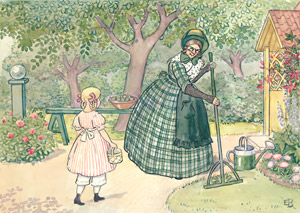 挿絵3（庭仕事をしているみどりおばさん） [エルサ・ベスコフ, みどりおばさん、ちゃいろおばさん、むらさきおばさんより]のサムネイル画像