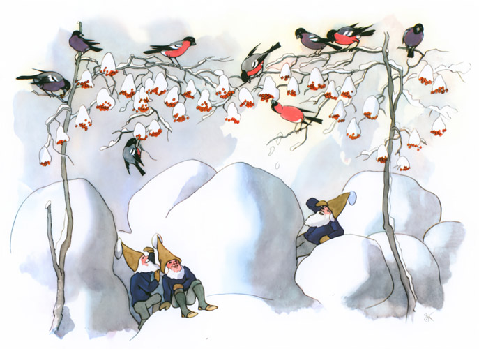 Amongst Bullfinches [Ernst Kreidolf,  from Winter’s Tale]