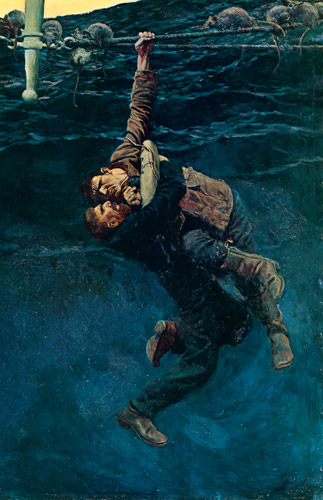 He lost his hold and fell, taking me with him (The Grain Ship) [Howard Pyle, 1907, from HOWARD PYLE]