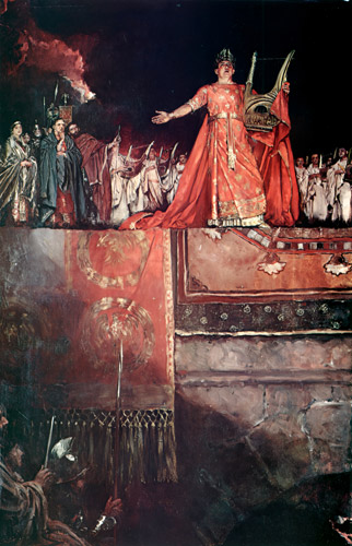炎に包まれたローマと金のリュートを抱えたネロ [ハワード・パイル, 1897年, HOWARD PYLEより] パブリックドメイン画像 