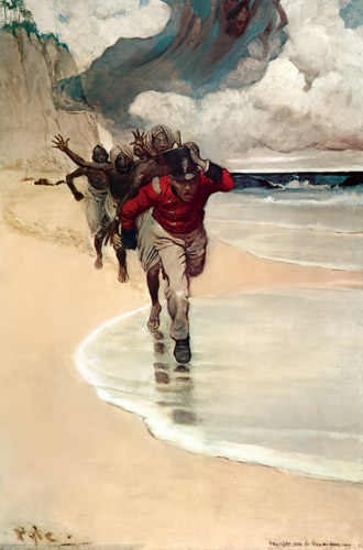 We Started to Run Back to the Raft for our Lives (Sinbad on Burrator) [Howard Pyle, 1902, from HOWARD PYLE]