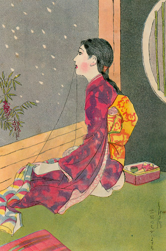 春着縫う乙女を偲びて [須藤しげる, 1930年, 須藤しげる抒情画集より] パブリックドメイン画像 