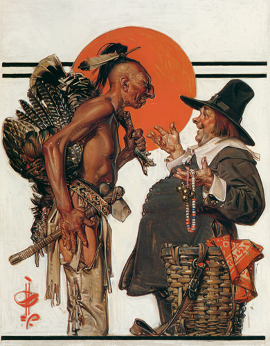 感謝祭（ピルグリムと交渉するインディアン） [J・C・ライエンデッカー, 1923年, 黄金時代の画家たち アメリカン・イラストレーション展カタログより] パブリックドメイン画像 