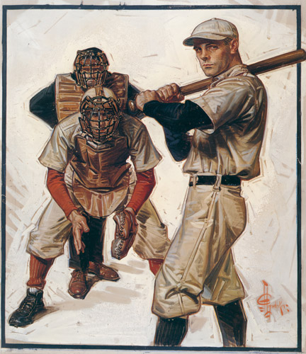 バッター、キャッチャー、アンパイアのいる野球シーン [J・C・ライエンデッカー, 1915年, 黄金時代の画家たち アメリカン・イラストレーション展カタログより] パブリックドメイン画像 